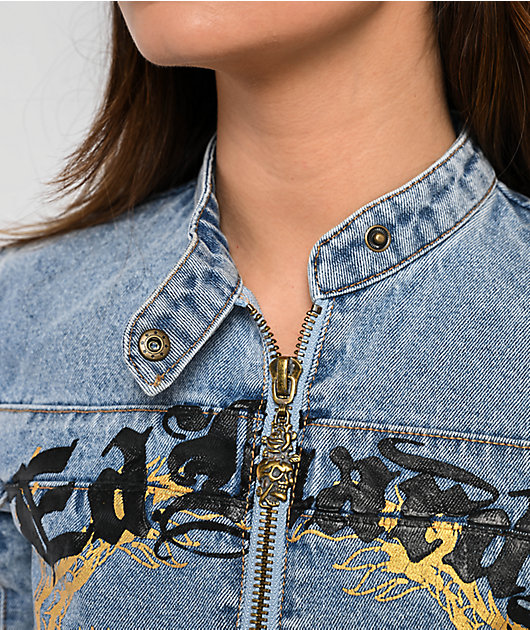 Ed Hardy Dragon Panther Blue Denim Moto Crop Jacket