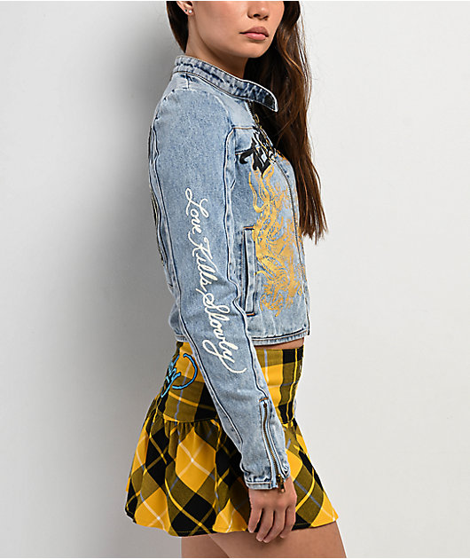 Ed Hardy Dragon Panther Blue Denim Moto Crop Jacket