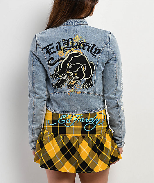 Ed Hardy Dragon Panther Blue Denim Moto Crop Jacket