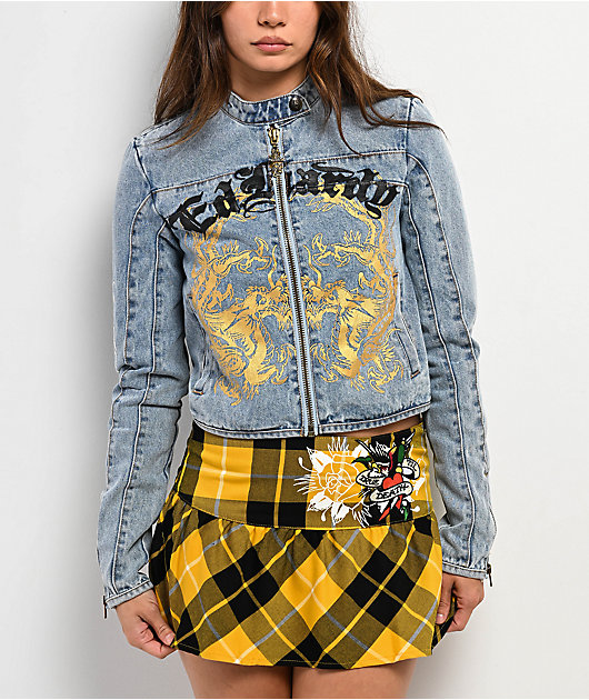 Ed Hardy Dragon Panther Blue Denim Moto Crop Jacket