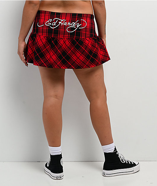 Ed Hardy Dragon Red Plaid Skirt
