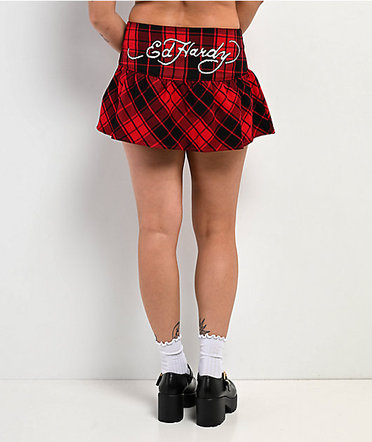 Ed Hardy Dragon Red Plaid Skirt