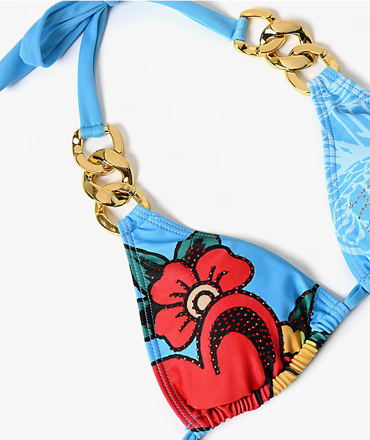Ed Hardy Dragon Rhinestone Blue Triangle Bikini Top | Zumiez