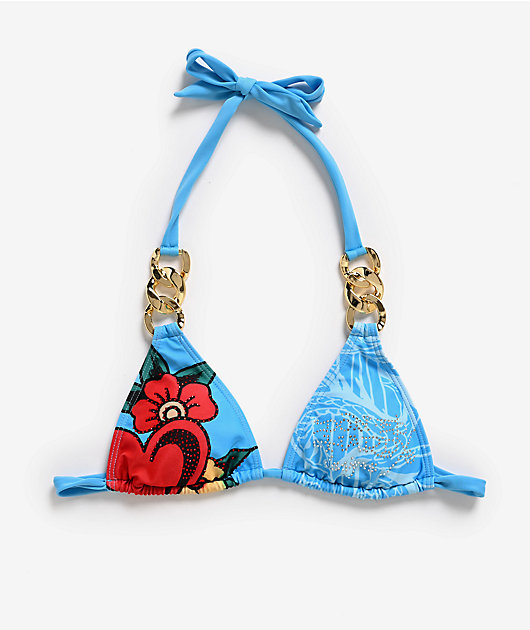 Ed Hardy Dragon Rhinestone Blue Triangle Bikini Top | Zumiez