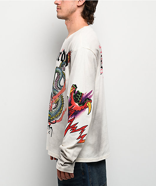 Ed Hardy Dragon Rhinestone Ivory Long Sleeve T-Shirt