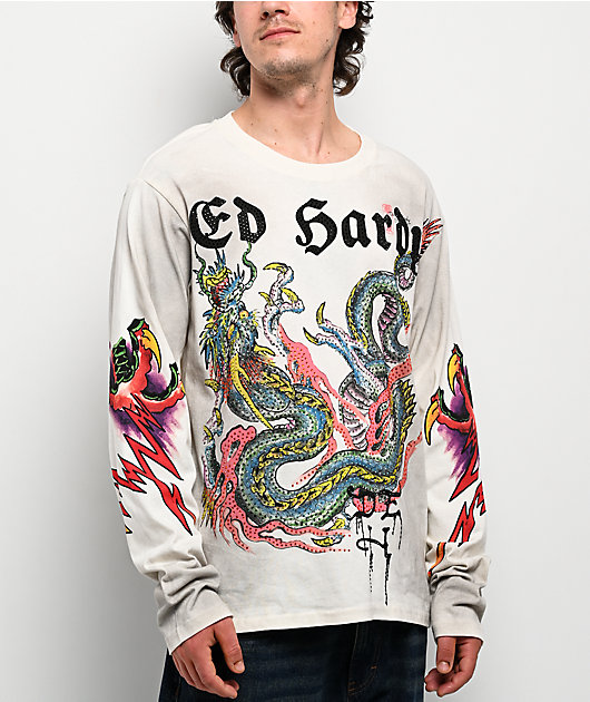 Ed Hardy Dragon Rhinestone Ivory Long Sleeve T-Shirt | Zumiez