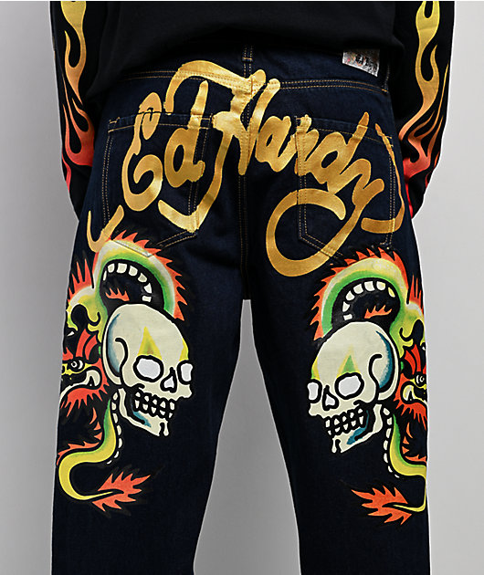 Ed Hardy Dragon Skull Raw Denim Baggy Jeans | Zumiez
