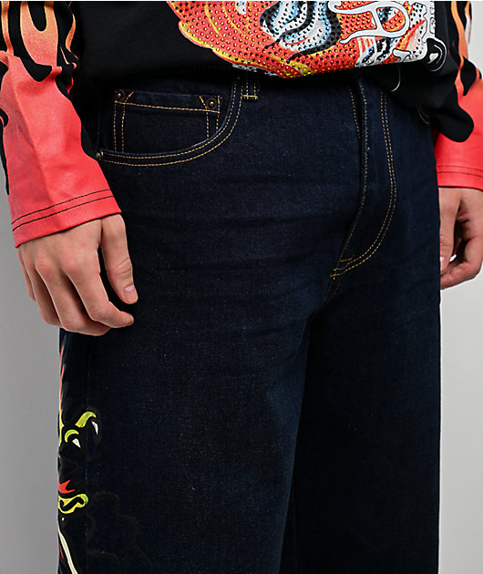 Ed Hardy Dragon Skull Raw Denim Baggy Jeans | Zumiez