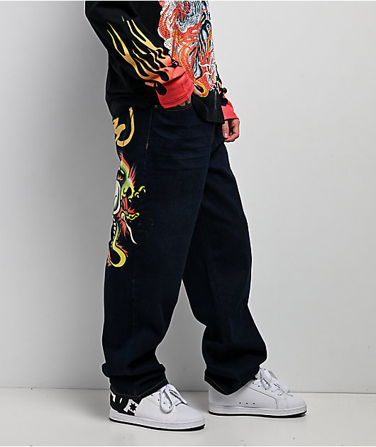Ed Hardy Dragon Skull Raw Denim Baggy Jeans | Zumiez