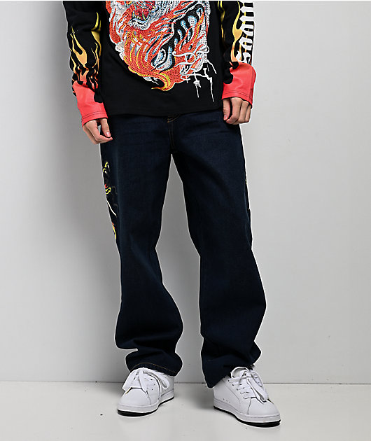 Ed Hardy Dragon Skull Raw Denim Baggy Jeans | Zumiez