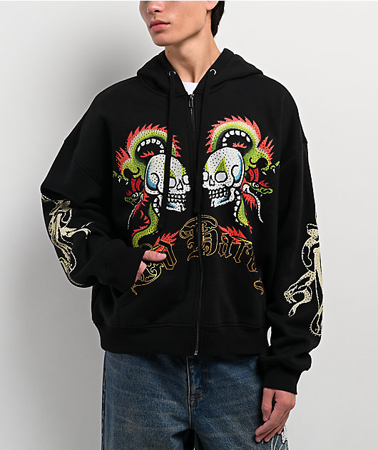 Ed Hardy Dragon Skull Rhinestone Black Zip Hoodie | Zumiez