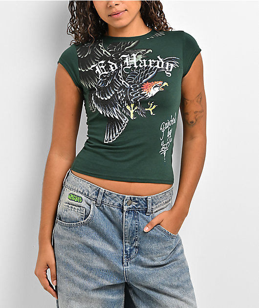 Ed Hardy Eagle Hunter Green Crop T-Shirt