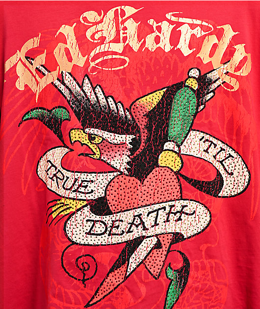 Ed Hardy True Eagle Rhinestone Red Boxy T-Shirt | Zumiez