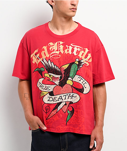 Ed Hardy Eagle Rhinestone Red Boxy T-Shirt | Zumiez