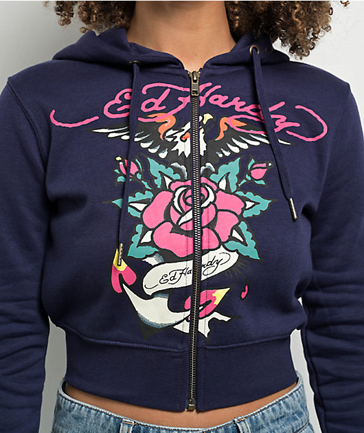 Ed Hardy Eagle Rose Navy Crop Zip Hoodie | Zumiez