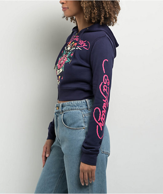 Ed Hardy Eagle Rose Navy Crop Zip Hoodie | Zumiez