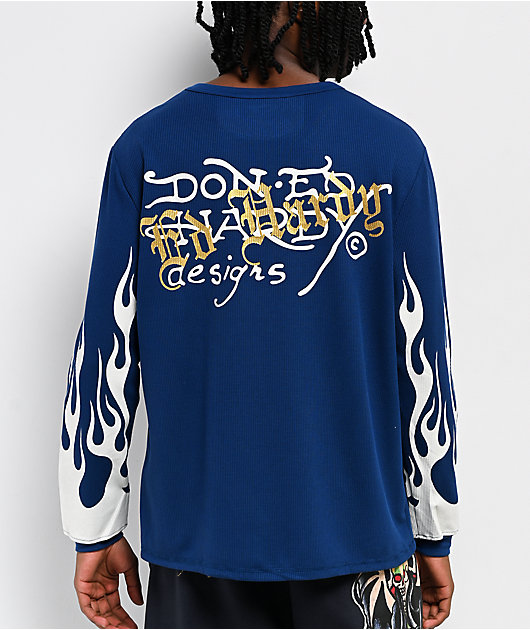 Out Of Time Work Blue Label 曼荼羅 タイ釈迦　ロンT Ed Hardy Fire Lord French Blue Thermal Long Sleeve T-Shirt | Zumiez