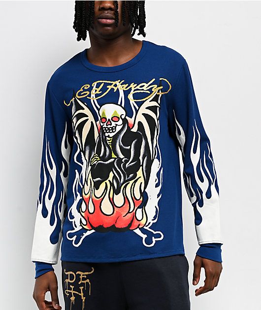 Out Of Time Work Blue Label 曼荼羅 タイ釈迦　ロンT Ed Hardy Fire Lord French Blue Thermal Long Sleeve T-Shirt | Zumiez
