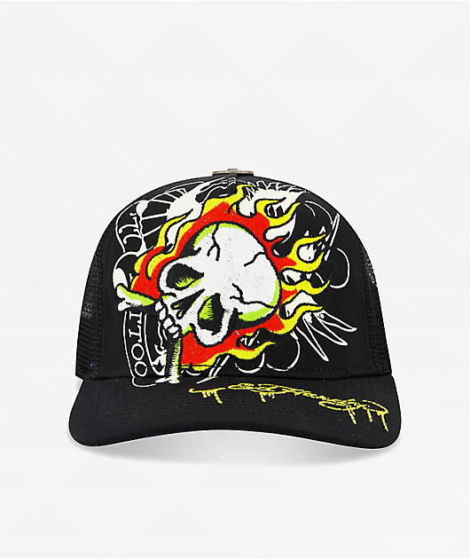 Ed Hardy Fire Skull Black Trucker Hat | Zumiez
