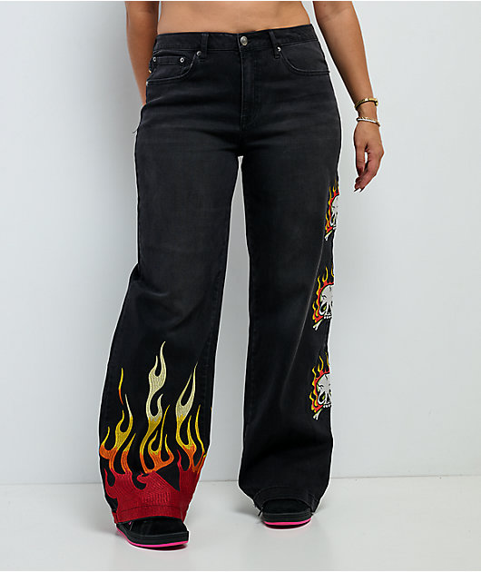 Ed Hardy Fire Skull Black Wide Leg Jeans