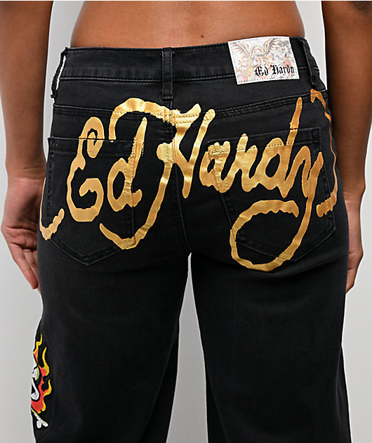 Ed Hardy Fire Skull Black Wide Leg Jeans