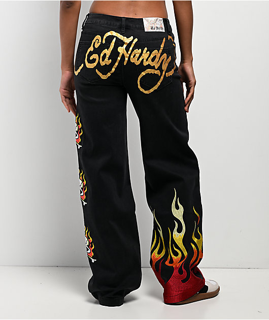 Ed Hardy Fire Skull Black Wide Leg Jeans