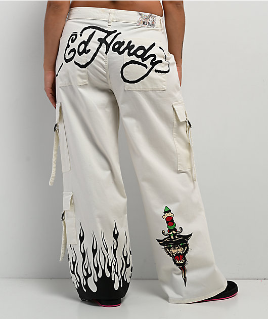 Ed Hardy Fire Skull White Cargo Pants