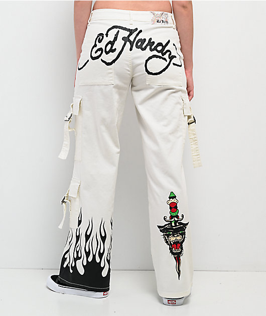 Ed Hardy Fire Skull White Cargo Pants