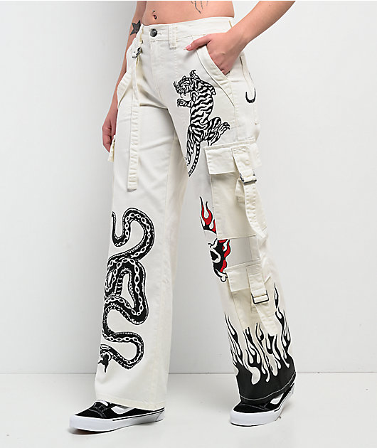 白デニム　swag ec melodi punkandyo fti y2k Ed Hardy Fire Skull White Cargo Pants | Zumiez