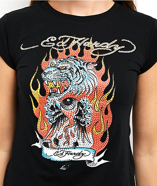 Ed Hardy Fire Tiger Rhinestone Black Cap Sleeve T-Shirt