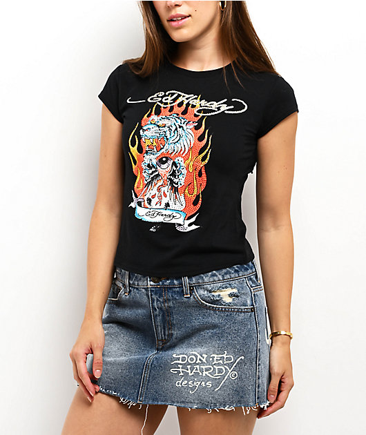 Ed Hardy Fire Tiger Rhinestone Black Cap Sleeve T-Shirt | Zumiez