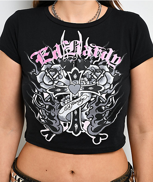 Ed Hardy Flame Cross Black Crop T-Shirt