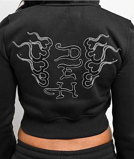 Ed Hardy Flame Cross Y2K Faux Fur Black Crop Zip Hoodie