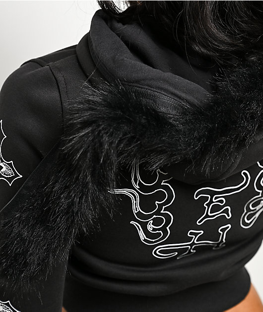 Ed Hardy Flame Cross Y2K Faux Fur Black Crop Zip Hoodie