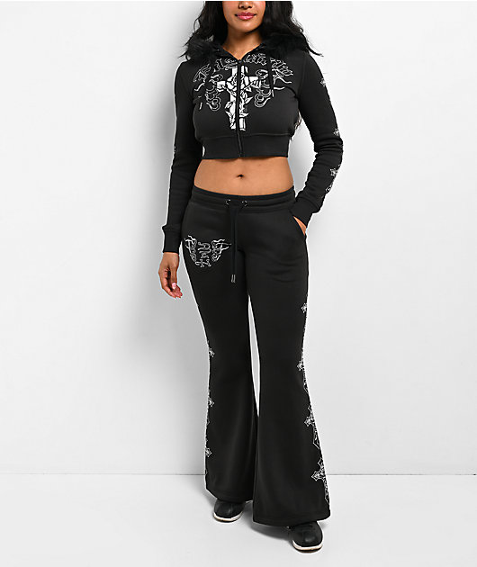 Ed Hardy Flame Cross Y2K Faux Fur Black Crop Zip Hoodie