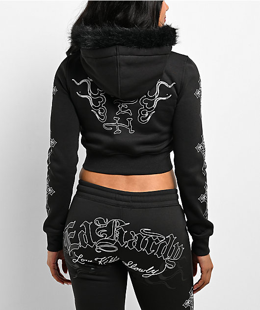 Ed Hardy Flame Cross Y2K Faux Fur Black Crop Zip Hoodie