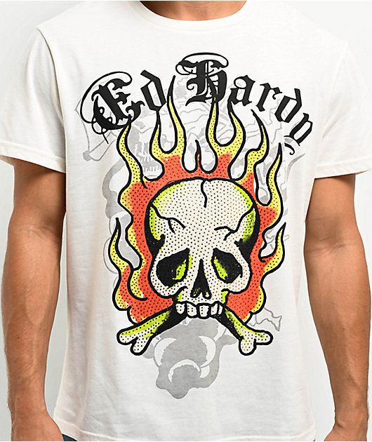 Ed Hardy Flame Skull Ivory T-Shirt