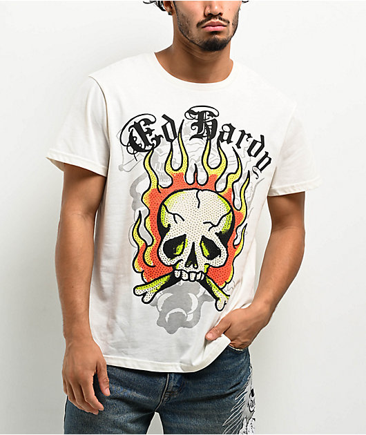 Ed Hardy FLAME SKULL PANTHER Tシャツ Ed Hardy Flame Skull Ivory T-Shirt | Zumiez