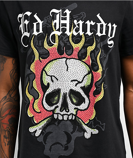 Ed Hardy FLAME SKULL PANTHER Tシャツ Ed Hardy Flame Skull Rhinestone Tee – DTLR
