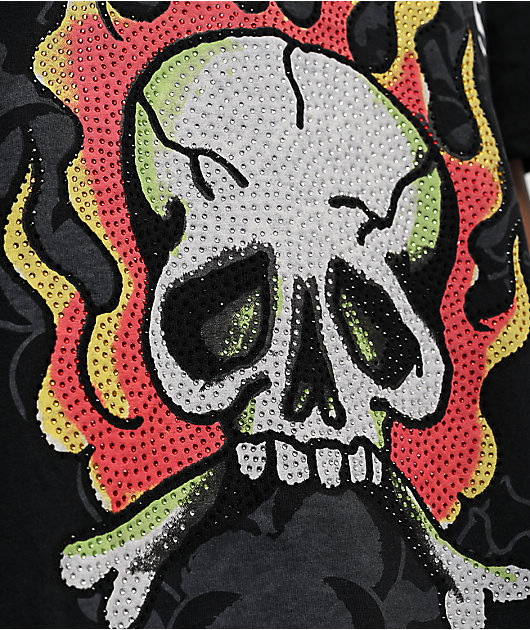 Ed Hardy FLAME SKULL PANTHER Tシャツ Ed Hardy Flame Skull Rhinestone Tee – DTLR