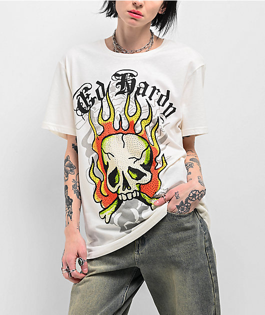Ed Hardy FLAME SKULL PANTHER Tシャツ Ed Hardy Flame Skull White T-Shirt | Zumiez