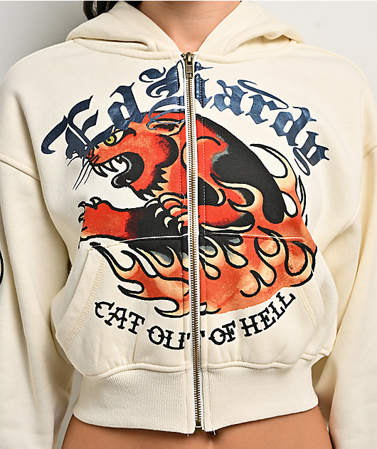 Ed Hardy Flames Cream Crop Zip Hoodie
