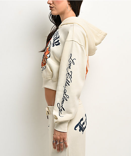 Ed Hardy Flames Cream Crop Zip Hoodie
