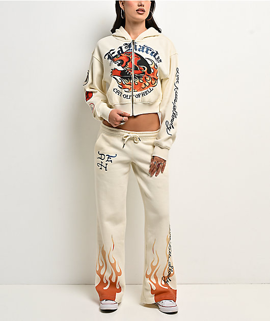Ed Hardy Flames Cream Crop Zip Hoodie
