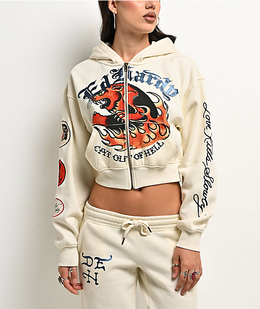 Ed Hardy Flames Cream Crop Zip Hoodie