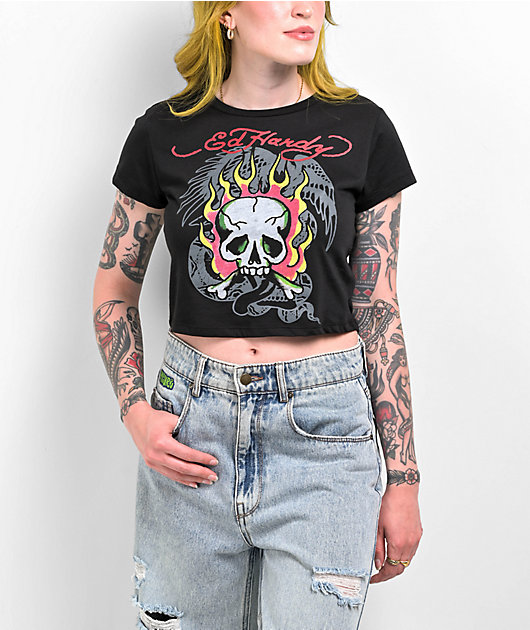 Ed Hardy Flaming Skull Black Crop T-Shirt