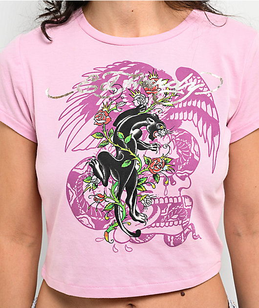 【Ed Hardy】Floral Panther ピンク クロップ半袖Tシャツ チビT Ed Hardy Floral Panther Pink T-Shirt | Zumiez