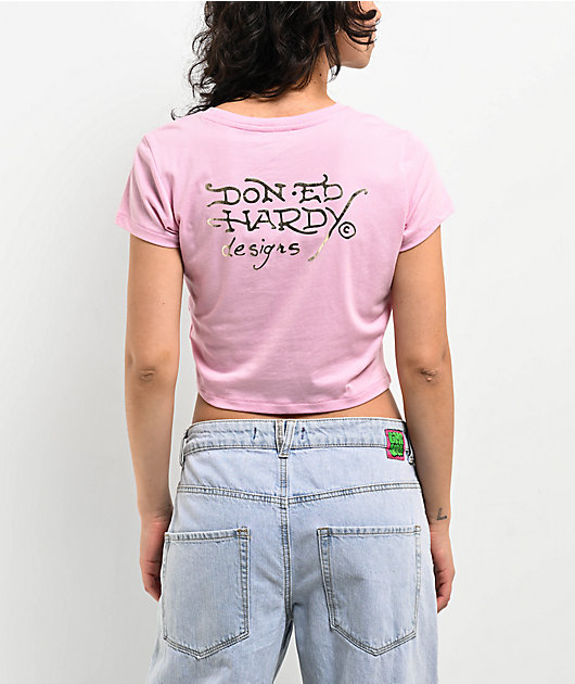 【Ed Hardy】Floral Panther ピンク クロップ半袖Tシャツ チビT Ed Hardy Floral Panther Pink T-Shirt | Zumiez