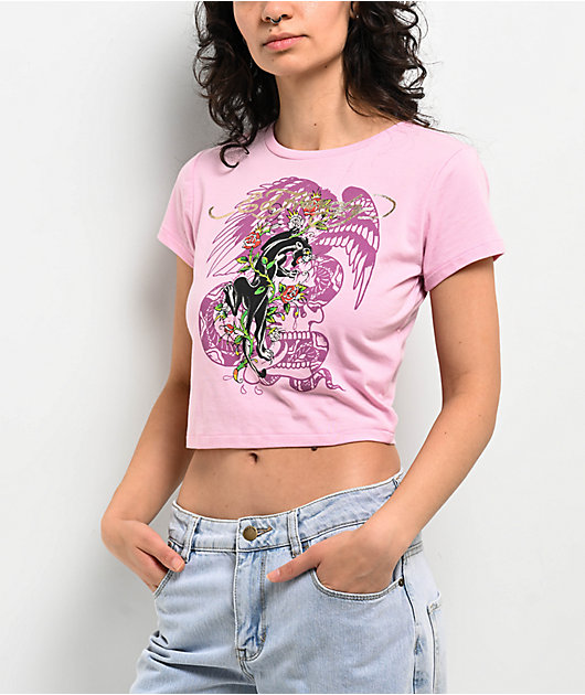 【Ed Hardy】Floral Panther ピンク クロップ半袖Tシャツ チビT Ed Hardy Floral Panther Pink T-Shirt | Zumiez