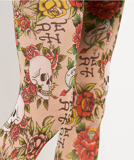 Ed Hardy Floral Tattoo Sheer Nude Tights